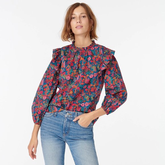 J. Crew Liberty Ciara Ruffleneck Flutter Sleeve Floral Top Pleated AR916 XS 0 - Picture 2 of 16